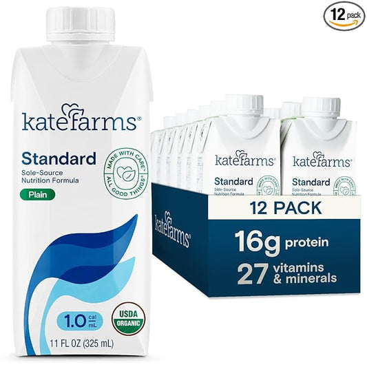 KATE FARMS Organic 1.0 Sole-Source Nutrition Shake, Plain, 16g Protein, 27 Vitamins and Minerals, Meal Replacement, Protein Shake, 11 oz (12 Pack)