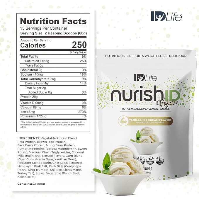 IDLife Vanilla Ice Cream NurishID Vegan - Meal Replacement Shake with Plant-Based Protein, Adaptogenic Mushrooms and Superfoods -15 Servings
