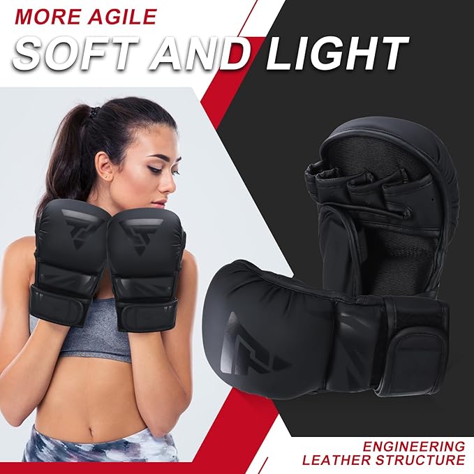MMA Gloves for Sparring Grappling, Hybrid Open Palm Martial Arts Mitts, Maya Hide Leather Wrist Support, Fighting Combat Sports MMA Boxing Glove for Men Women Punching Bag Muay Thai Training