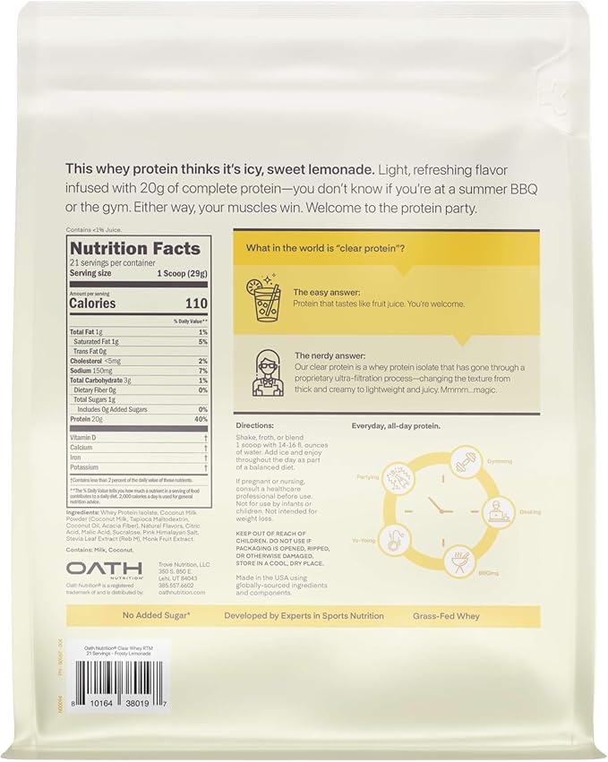 Clear Whey Isolate Protein Powder, Frosty Lemonade, 20g Complete Protein per Serving, No Added Sugar, Grass-Fed, 21 Servings