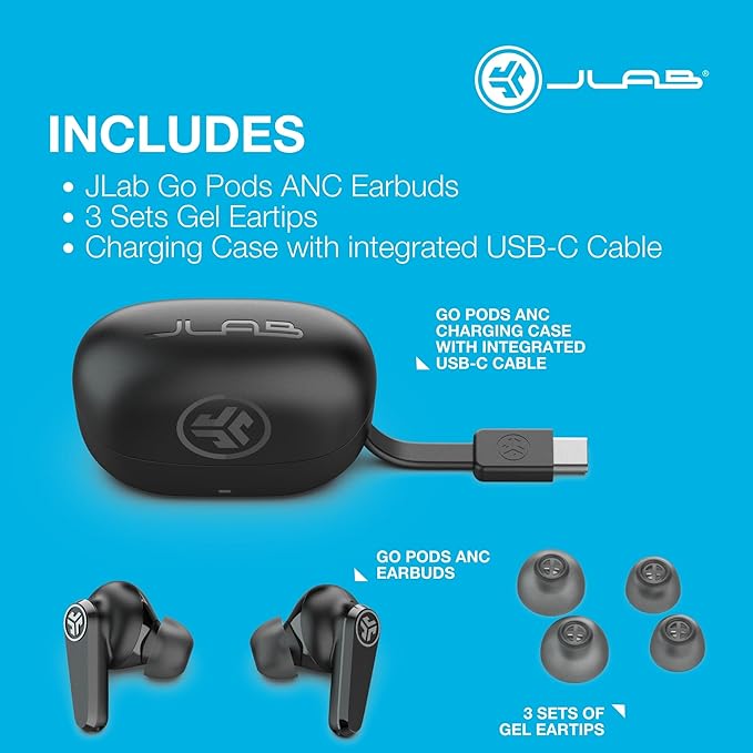 JLab Go Pods ANC True Wireless Bluetooth Earbuds & Charging Case, Hybrid Active Noise canceling + Be Aware for Safe Listening, 26+ Hours Total Playtime, Clear Calls, Custom Sound via App, Black