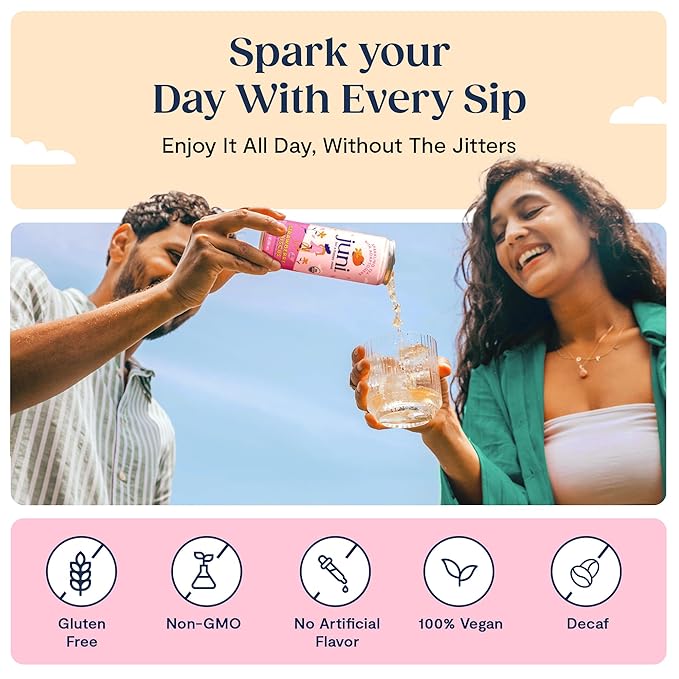 Juni Sparkling Adaptogen Drink with Ashwagandha, Lion’s Mane & Reishi Mushrooms | Green Tea for Focus, Zero Sugar, 5 Calories | Decaffeinated, Non Alcoholic Drinks - Cherry Lime 12 pack