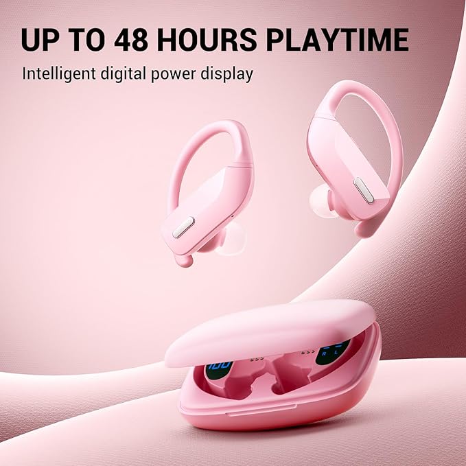 Wireless Sport Earbuds Bluetooth Headphones with Mic 80H Playtime IPX5 Waterproof Ear Buds Deep Bass Earphones Over Ear Headset for Running Gym Workout - Pink