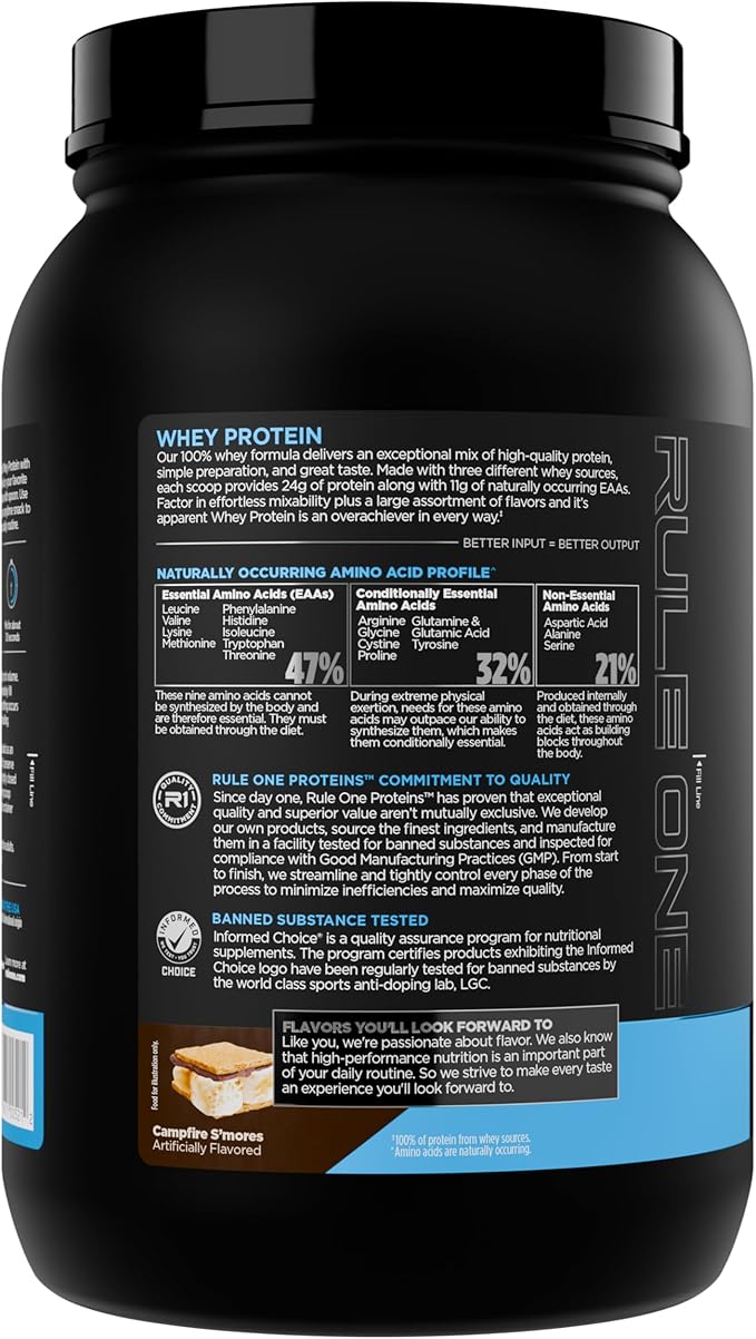 Rule 1 Whey Protein – 24g Fast-Acting Protein from All-Whey Sources with Naturally Occurring EAAs & BCAAs for Workout Recovery or Anytime Use (2 Pounds*, Campfire S'Mores)