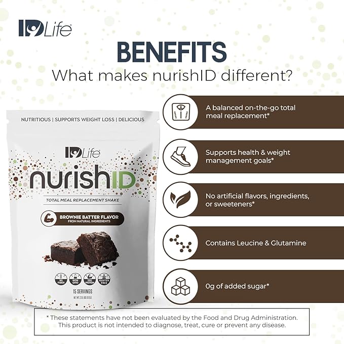 IDLife Brownie Batter NurishID Meal Replacement Shake - with Slow-Digesting Carbs, Superfoods, Vegetable Blend and Adaptogenic Mushrooms - 15 Servings