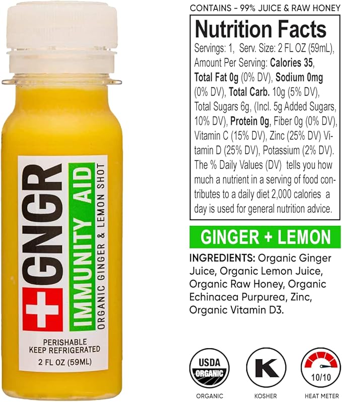 +GNGR 24 Shots Variety Pack of Organic Immunity Boosting Ginger Shots - Cold Pressed Ginger Shots for All Natural Digestive and Immune Support - Nothing Artificial - USDA Organic (2 Fl Oz, 24 Pack)