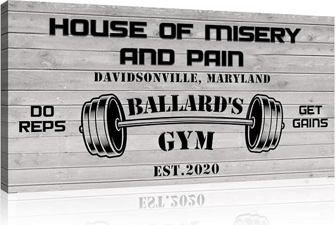 Tailored Canvases Personalized Gym Sign Wall Art Decor - Motivational Canvas for Home Gym, Workout Room, Garage, Fitness Center - Workout Inspirational Posters - House of Misery and Pain, White Wood 20x10in