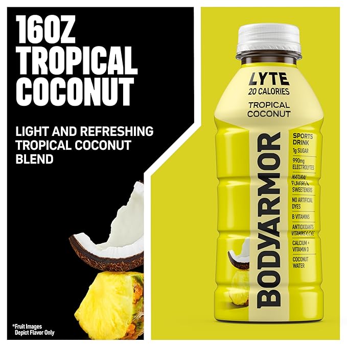 BODYARMOR LYTE Sports Drink Low-Calorie Sports Beverage, Tropical Coconut, Coconut Water Hydration, Natural Flavors With Vitamins, Potassium-Packed Electrolytes, Perfect For Athletes, 16 Fl Oz (Pack of 12)
