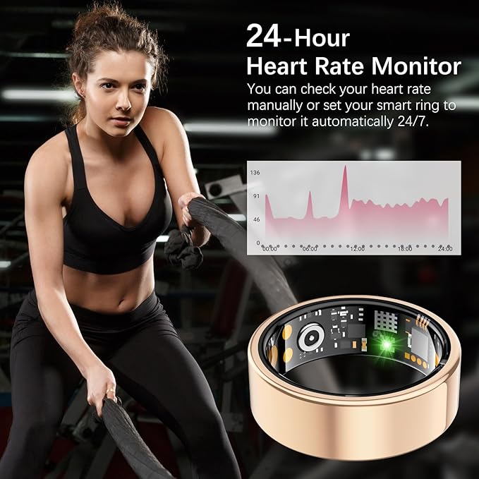 Ring Health Tracker for Women Men, Fit Ring with Heart Rate, Blood Oxygen, Sleep Monitor, Calories, Step Counter, IP68 Waterproof Smart Ring for iPhone & Android, No Subscription Fee (Rose Gold, 14#)