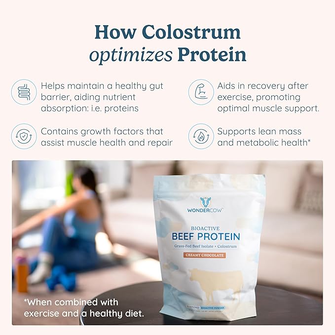 Beef Protein Isolate Powder w/Bovine Colostrum Supplement | Clean, 100% Grass Fed, Carnivore, Keto Friendly | Gluten Free | Helps Build Lean Muscle | 20g of Protein, 30 Servings, Chocolate