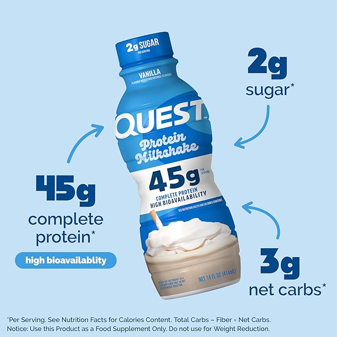 Quest Nutrition Vanilla Protein Shake, 45g Protein, 2g Sugar, 3g Net Carbs, Ready to Drink, Gluten Free, 4 Count