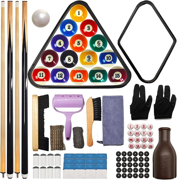 95pcs Pool Table Accessories Set - Balls, Triangle, Rack, Cue, Chalk, Tips, Stickers, Cloth, Brush & Cleaner Set