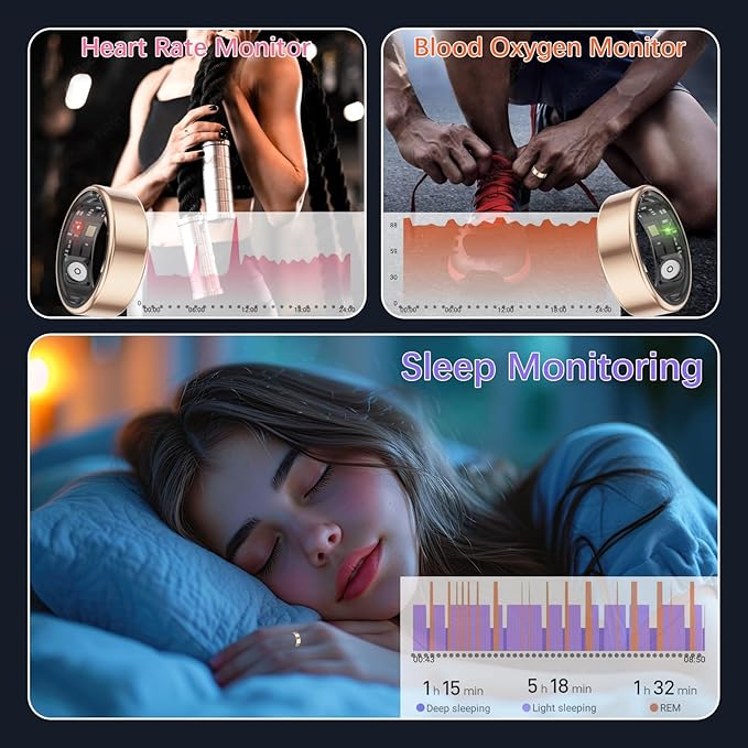 Smart Health Rings for Women Men, Fitness Tracker with Heart Rate, Blood Oxygen, HRV, Sleep Tracker, Step Tracker, No Subscription Fee, IP68 Waterproof Smart Ring for iphone & Android (Gold, 12#)