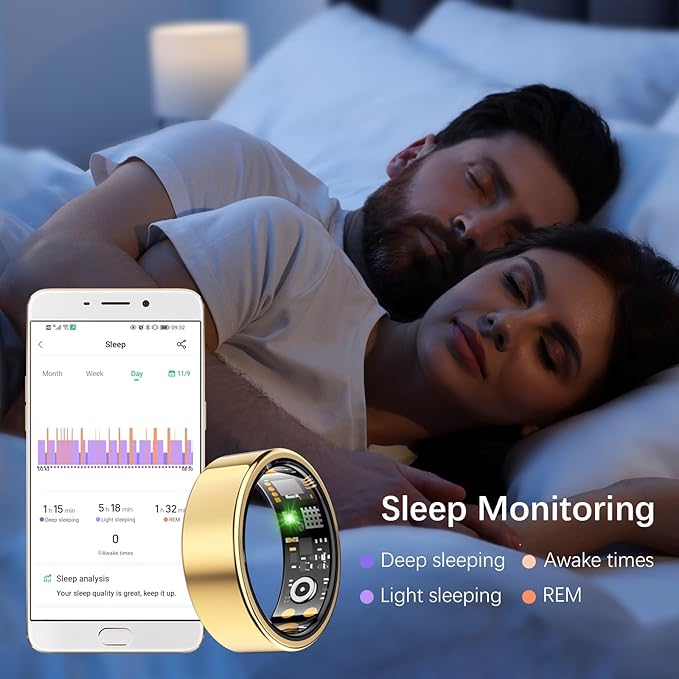 Health Tracker Ring, Smart Health Ring for Women Men with Heart Rate, Blood Oxygen, Sleep Monitor, Steps,Calories, No Subscription Fee, IP68 Waterproof Smart Ring for iPhone & Android (Gold, 14#).