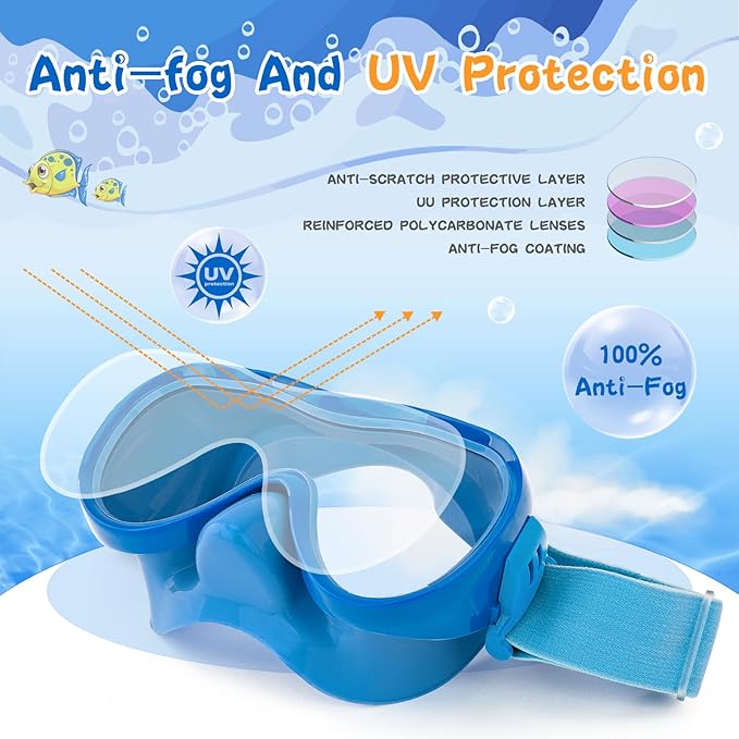 Kids Swim Goggles with Nose Cover, Anti-Leak Swim Mask with Elastic Fabric Strap, UV Protection Swimming Goggles for Kids