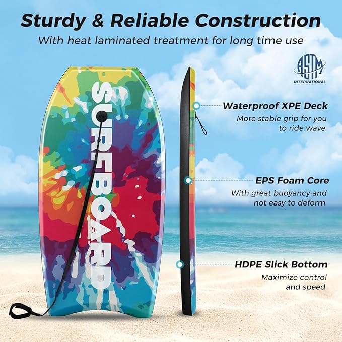 KOTEK 33/37/41 Inch Body Board with Wrist Leash, EPS Core, Dual Channel, HDPE Slick Bottom, Bodyboard for All Skill Levels & Wave Conditions