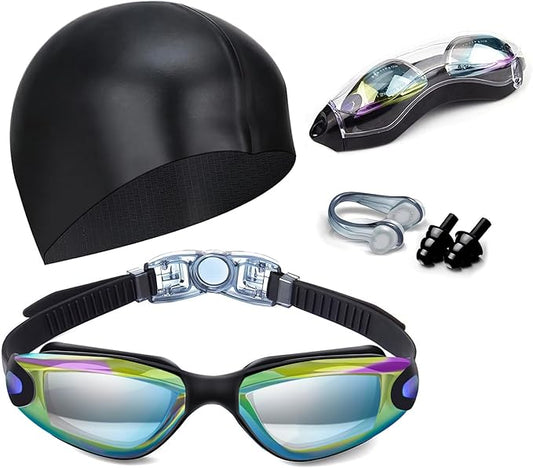 Swim Goggles Swimming Goggles No Leaking with Nose Clip, Earplugs, Swim Cap and Case for Men Women