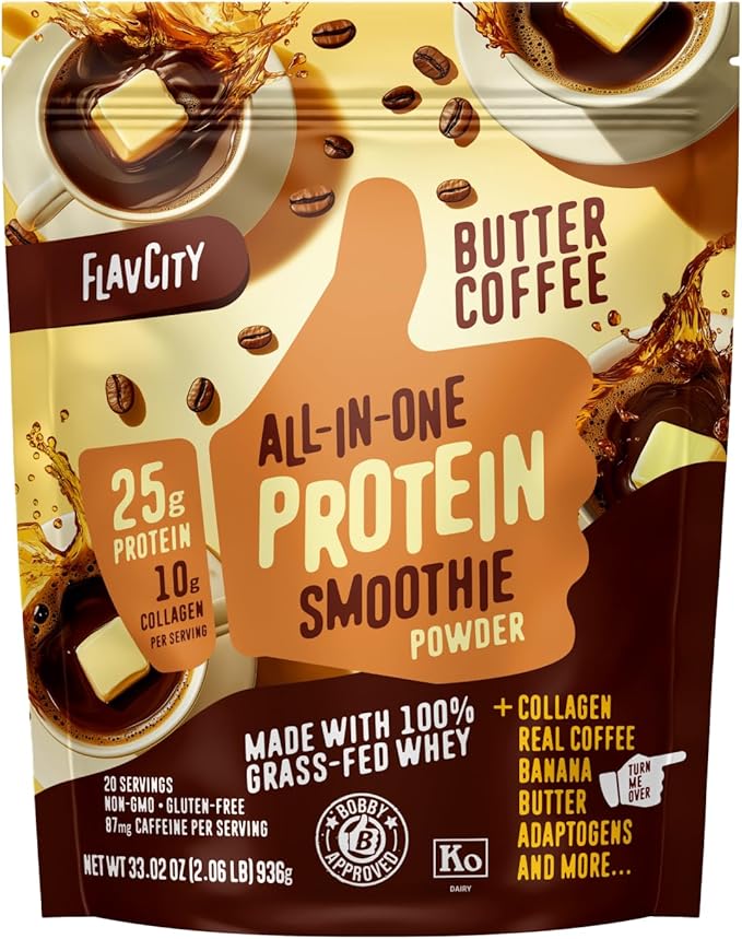 FlavCity Grass Fed Whey Protein Powder - Butter Coffee - 25g Protein, 10g Collagen & 87mg Caffeine - Made with Organic Reishi & Cordyceps - Gluten Free & No Added Sugars (20 Servings)