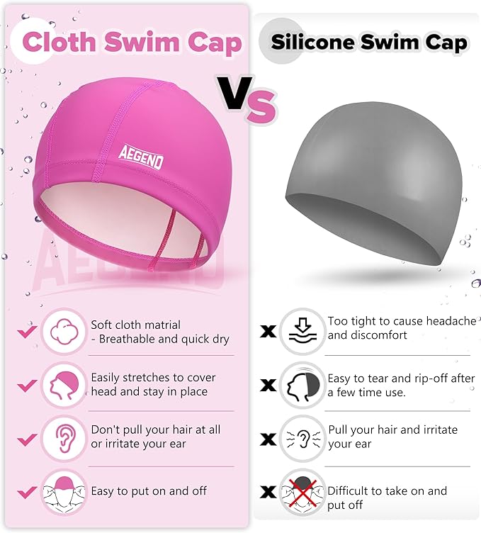 Aegend Fabric Swim Cap, Silicone Waterproof Layer - Breathable Cloth Swimming Cap, Keep Hair Dry with Hight Elasticity for Youth(8-16) Adult, 2 Sizes to Choose