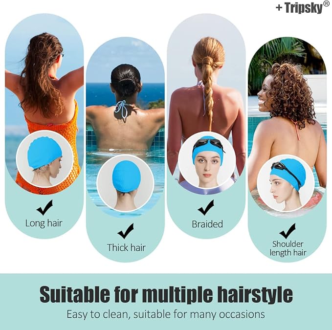 Tripsky Silicone Swim Cap,Comfortable Bathing Cap Ideal for Curly Short Medium Long Hair, Swimming Cap for Women and Men, Shower Caps Keep Hairstyle Unchanged…