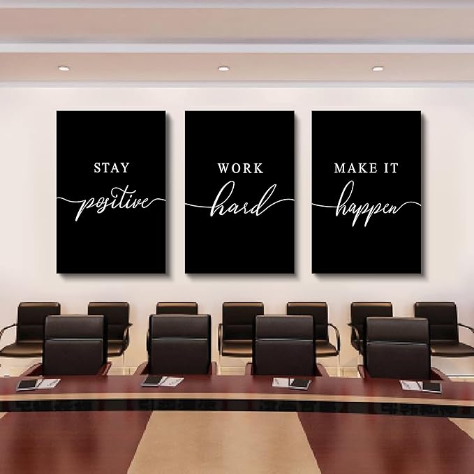 Work Hard Canvas Wall Art - Success Quote, Office Decor - Black Large Poster, Positive Motivational Set of 3 Prints (16x24in x 3pcs)