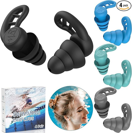 Swimming Ear Plugs for Adults, 4 Pairs Reusable Silicone Waterproof Colorful Swim Earplugs for Swimming Showering Snorkeling Surfing and Water Sports, Water Ear Plugs for Men and Women