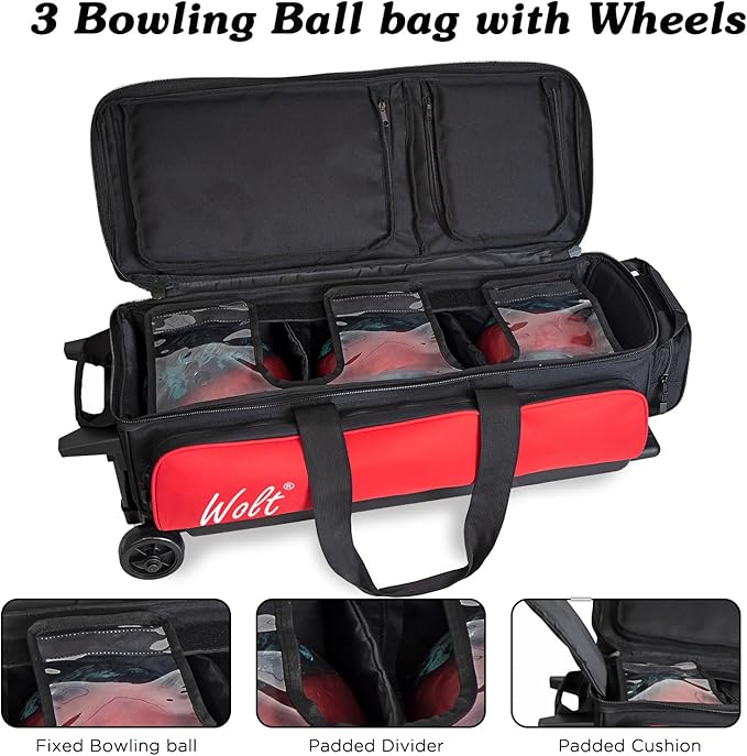 WOLT 3 Ball Bowling Bags with Wheels,Bowling Ball Bag 3 Ball Roller with Separate Shoe Compartment and Accessory Pocket, Retractable Handle Extends to 38’’
