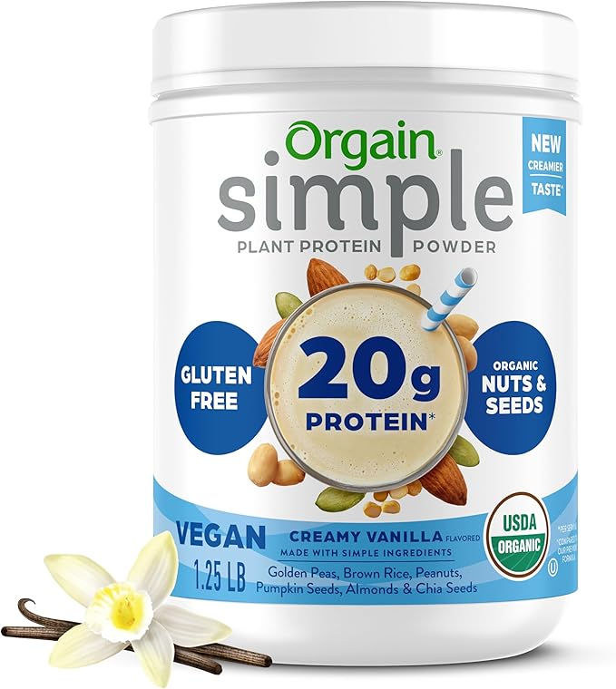 Orgain Organic Simple Vegan Protein Powder, Vanilla - 20g Plant Based Protein, Made with less Ingredients, No Artificial Sweeteners, Gluten Free, No Dairy or Lactose, 1.25 lb (Packaging May Vary)