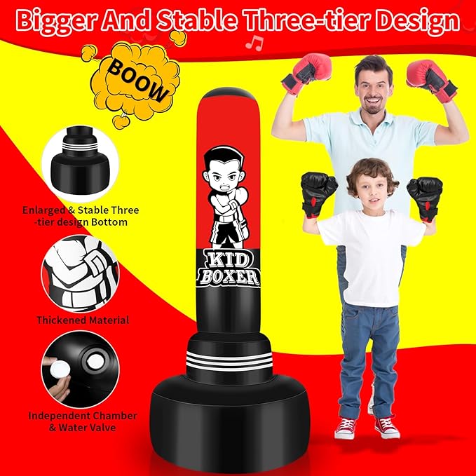 Punching Bag for Kids Set 65" Large Three-Tier Design Stable, Inflatable Boxing Bag Set Toy with Boxing Gloves and Electric Air Pump, Kid Standing Bag for Boys Girls Age 3-15 Training Karate..