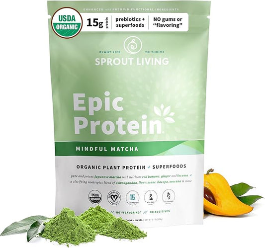 Sprout Living Epic Protein, Plant Based Protein & Superfoods Powder, Mindful Matcha | 17 Grams Organic Protein Powder, Vegan, Non-GMO, Gluten Free, Adaptogens + Nootropics (1 Pound, 12 Servings)