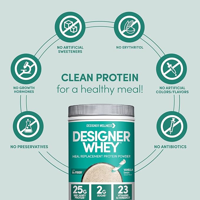 Designer Wellness, Designer Whey Protein Meal Replacement Powder, Organic Superfood Complex Carbs, Vitamins, Minerals, Gluten-Free, Vanilla Bean, 1.72 Pound