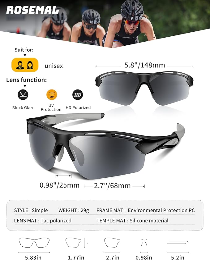 Polarized Sports Sunglasses for Men Women,UV400 Protection Sunglass for Running Cycling Fishing Hiking TR90