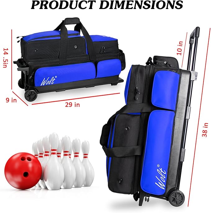 WOLT 3 Ball Bowling Bags with Wheels,Bowling Ball Bag 3 Ball Roller with Separate Shoe Compartment and Accessory Pocket, Retractable Handle Extends to 38’’