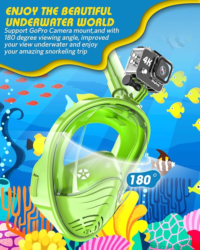 QingSong Kids Snorkel Mask Full Face, Snorkeling Set with Camera Mount, Foldable 180 Degree Panoramic View Snorkeling Gear Anti-Fog Anti-Leak