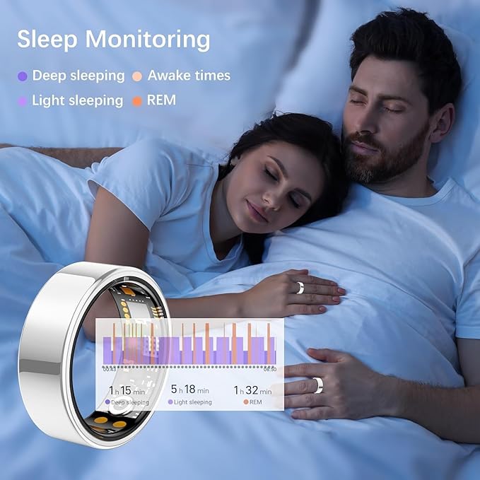 Ring Health Tracker for Women Men, Fit Ring with Heart Rate, Blood Oxygen, Sleep Monitor, Calories, Step Counter, IP68 Waterproof Smart Ring for iPhone & Android, No Subscription Fee (Silver, 10#)