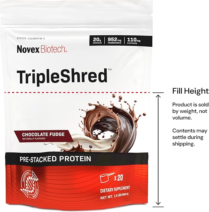 Novex Biotech TripleShred Protein - Pre-Stacked Protein - Increase Energy and Focus - Build Muscle - Chocolate Fudge, 20 svgs
