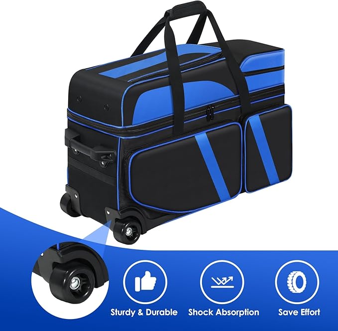 4 Ball Bowling Bags with Wheels, Bowling Ball Bag with Multi-Pockets,4 Ball Bowling Bag with Secure Buckle Fixed Ball Cup & Shoe Compartment,3 Ball Bowling Bag+1 Ball Color Matching Add On Tote