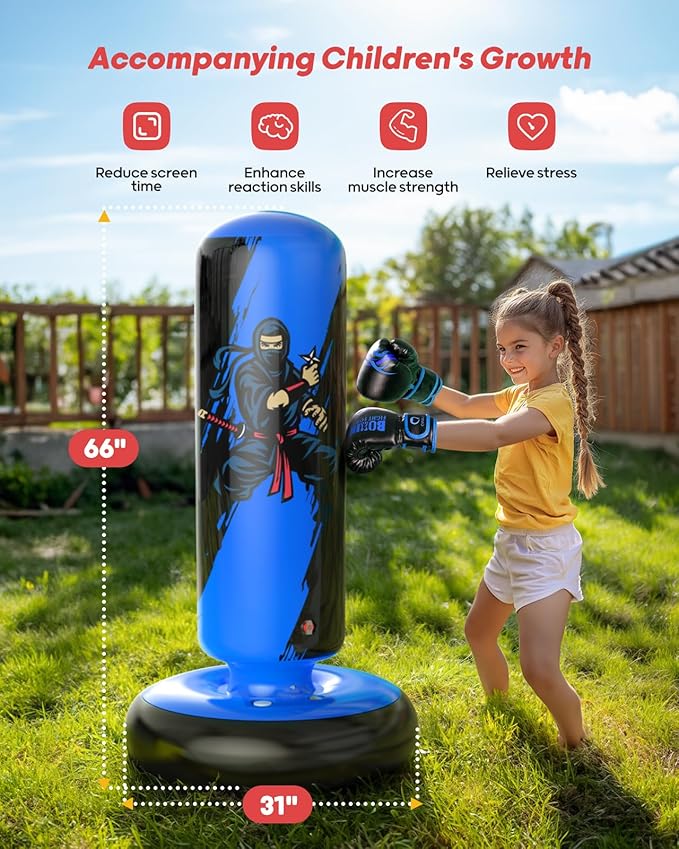 QPAU Punching Bag for Kids, 66 Inch Stable Inflatable Boxing Bag with Boxing Gloves, Stand Kids Punching Bag Toy for Boys & Girls Age 6-12, Boxing Set for Practicing Karate, Taekwondo, MMA