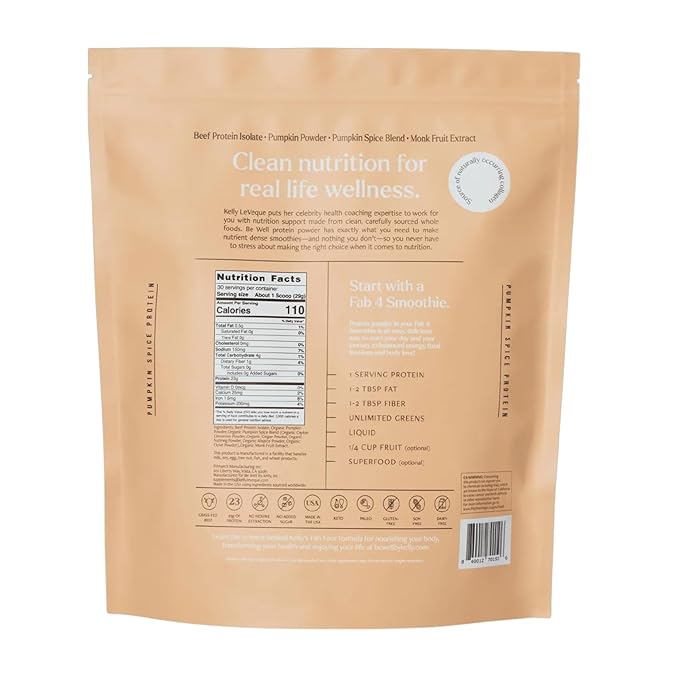 Be Well by Kelly Pumpkin Spice Grass-Fed Beef Protein Powder, 23G of Protein & 3G Net Carbs (30 Servings) 9 Amino Acids + 3 BCAAs No Soy, No Dairy, Stevia-Free, No Sugar Added 1.92lb 870g
