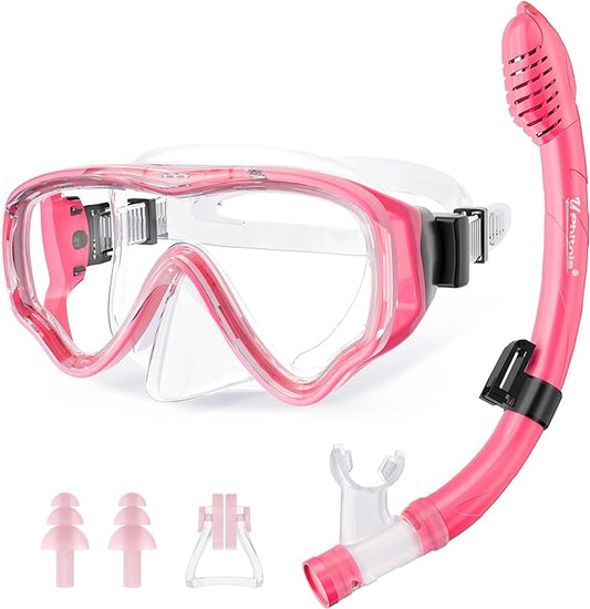 U PHITNIS Kids Snorkel Set for Age 4-14 - Dry Top Snorkeling Gear for Kids Junior & Youth - Childs Diving Mask with Big Eyes for Boys Girls - Anti-Fog Snorkeling Mask and Snorkel Set