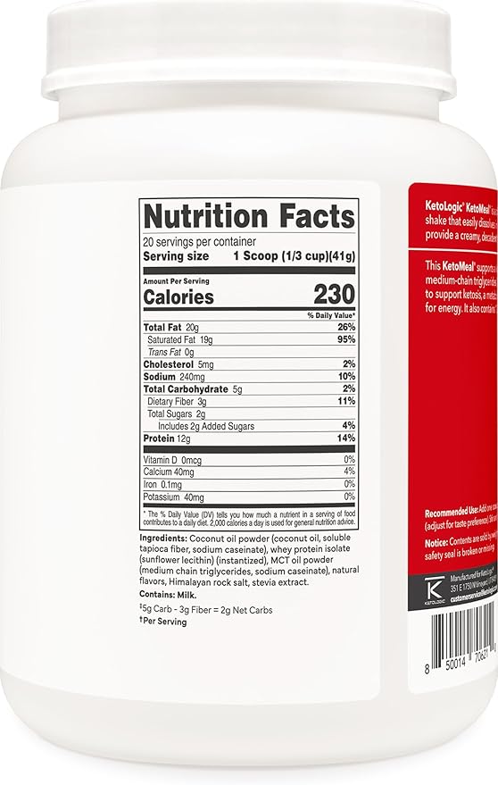 Ketologic Keto Meal Replacement Shake Powder for Optimal Results + MCT Oil + Grass-Fed Whey - Perfectly Formulated Macros for Ketosis - 20 Servings - Vanilla