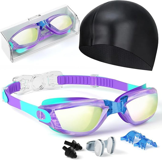 Kids Swim Goggles, Swimming Goggles for Kids Toddlers 3-14 with Swim Cap, Nose Clip, Nose Bridge, Ear Plugs