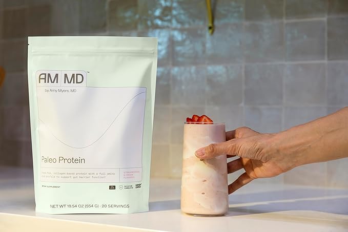 Amy Myers MD Paleo Protein Powder - Strawberries & Cream, 20 Servings - Collagen-Based Gut Function Support - Gluten-Free & Non-Dairy Protein Supplement