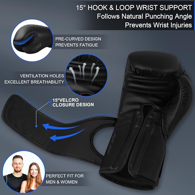 Boxing Gloves for Men & Women Pro Training | Wrist Protection 15° Hook & Loop | Triple Latex Padding | PU Leather for Muay Thai MMA Kickboxing Sparring|Sizes 10-16 oz