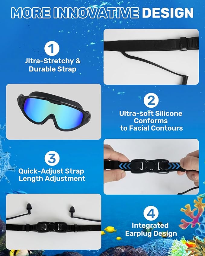 Swim Goggles for Adults, Wide View Anti-Fog & UV Swimming Goggles with Nose Clip & Ear Plugs, No Leak