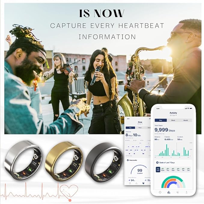 Smart Ring for Women&Men, Activity/Sleep/Fitness/Heart Rate/HRV/Stress/Women's Health Tracker-IP68 Waterproof for iPhone and Android, No Subscription Fee Required (Gold, #7-54.4mm/2.14")