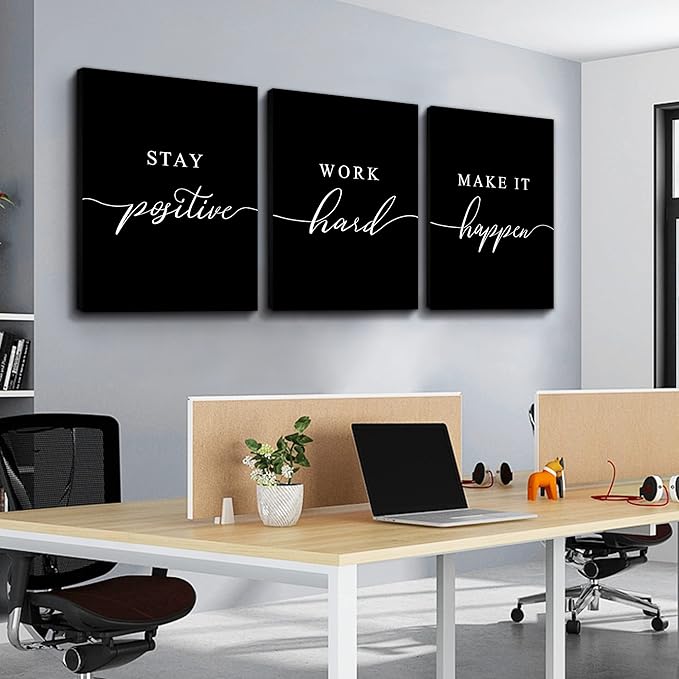 Work Hard Canvas Wall Art - Success Quote, Office Decor - Black Large Poster, Positive Motivational Set of 3 Prints (16x24in x 3pcs)