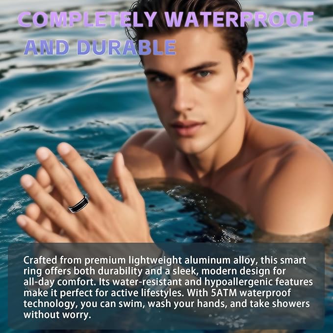 Activity Tracker Ring for Men – Smart Ring with Heart Rate, SpO2, Blood Pressure, Sleep Monitoring, Step & Calorie Counter, 5ATM Waterproof, No Subscription Fee (Black 7)