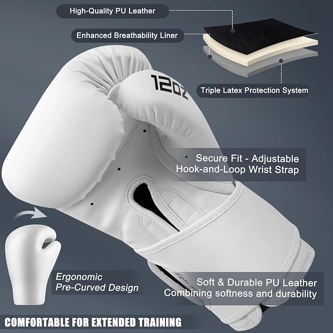 Boxing Gloves for Men & Women Pro Training | Wrist Protection 15° Hook & Loop | Triple Latex Padding | PU Leather for Muay Thai MMA Kickboxing Sparring|Sizes 10-16 oz