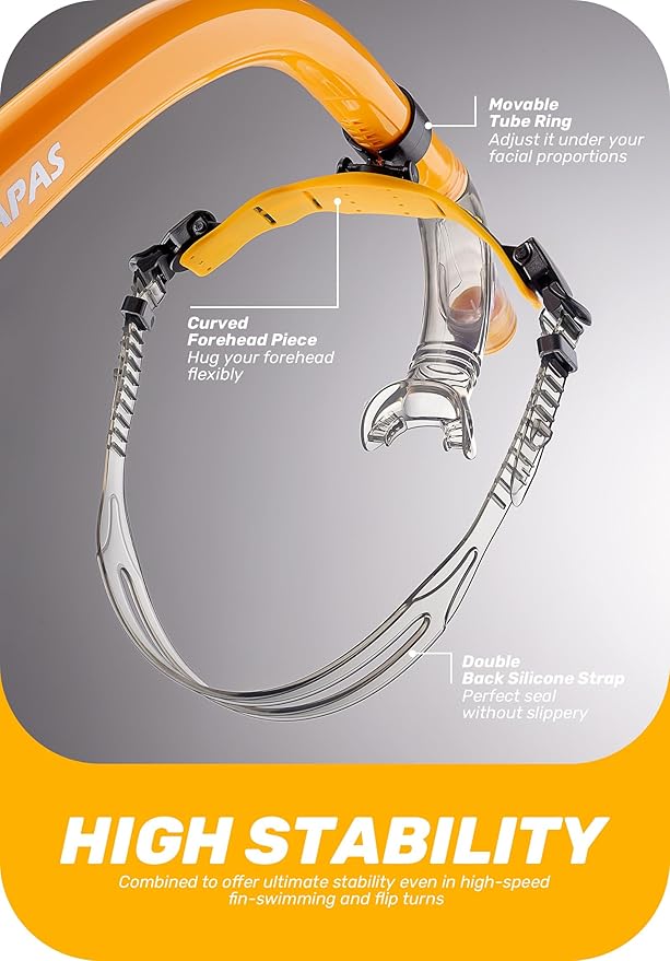 CAPAS Training Swim Snorkel for Lap Swimming, Swivel Headband Ultimate Fit Center-Mount Swimmers Snorkel with Liquid Silicone Mouthpiece Adjustable Strap, Designed for Adult Men Women